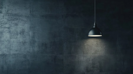 A solitary hanging lamp casts a bright, concentrated circle of light onto a dark, rough-textured wall, creating a dramatic contrast and highlighting the surface below.の素材
