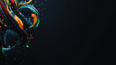 A close-up of colorful paint swirling and mixing in dark water, creating an intricate and fluid abstract design with bright hues.の素材