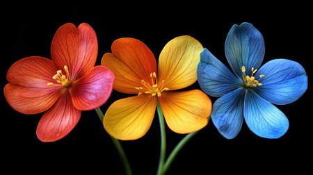 A close-up shot of three distinct flowers, each petal displaying a rich, saturated hue, creating a striking visual progression of color.の素材