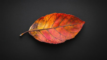 A single, colorful autumn leaf displays a beautiful gradient of red, orange, and yellow hues, highlighting the intricate vein patterns and the natural process of seasonal change.の素材