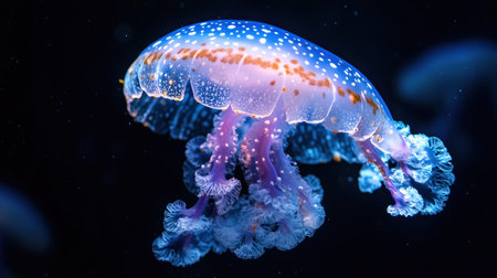 A mesmerizing jellyfish with bioluminescent patterns, showcasing its delicate tentacles and bell in a captivating underwater display.の素材