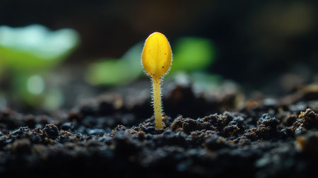 A solitary, small yellow mushroom emerges from rich, dark soil, showcasing its delicate form and bright color against a softly blurred natural background.の素材