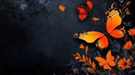 A captivating scene unfolds as brilliant orange butterflies take flight, their delicate wings illuminated against a backdrop of deep, shadowy leaves and blossoms.の素材