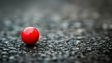 A single, glossy red marble stands out against the dark, granular texture of an asphalt ground, capturing attention with its striking color and smooth surface.の素材