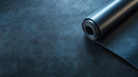 A tightly rolled coil of black rubber or similar flexible material rests on a dark, textured background, ready for industrial or construction use.の素材