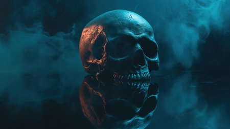 A detailed human skull, dramatically lit with contrasting blue and orange hues, creating a striking and mysterious visual effect.の素材