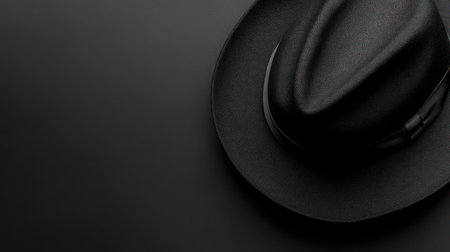 A close-up view of a black fedora hat, showcasing its elegant design and texture. This timeless accessory is often associated with sophistication and classic style.の素材