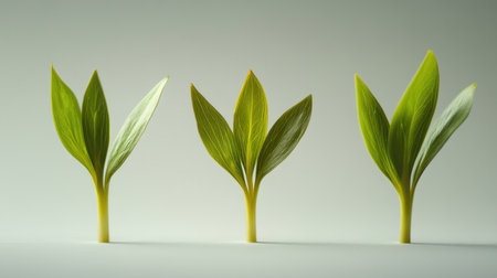 Close-up view of three small, fresh green plant sprouts with multiple leaves, arranged in a neat row, symbolizing growth and new beginnings.の素材