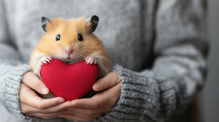 A cute golden hamster is gently holding a vibrant red heart in its tiny front paws, looking directly at the viewer with its bright eyes.の素材