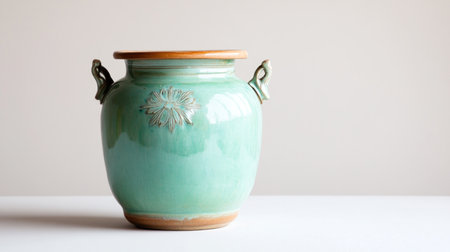 A close-up view of a ceramic vase, featuring a unique design with handles and a smooth finish, perfect for home decor.の素材