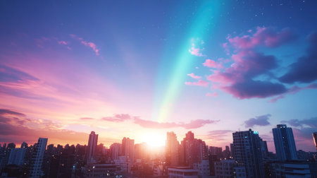 A striking light beam, possibly a meteor or aurora, descends from the heavens, illuminating the urban landscape below with its ethereal glow.の素材