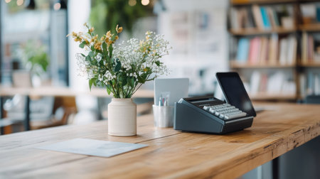 A sleek, black payment terminal with a digital screen and keypad rests on a rustic wooden countertop, ready for transactions.の素材