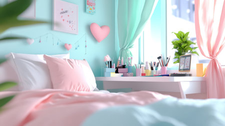 A charming bedroom interior showcasing a neatly made bed with pink and mint green bedding, complemented by decorative pillows and a heart-shaped cushion.の素材