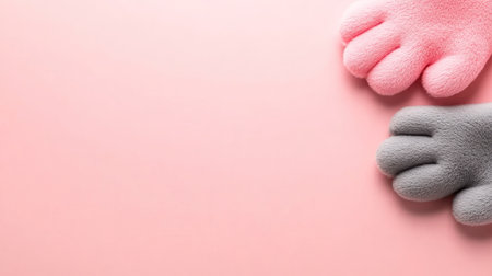 Close-up view of two adorable cat paw gloves, one pink and one grey, made from soft, plush material, designed to resemble a cat's paw with distinct toe pads, ideal for cozy wear or as a playful acces.の素材