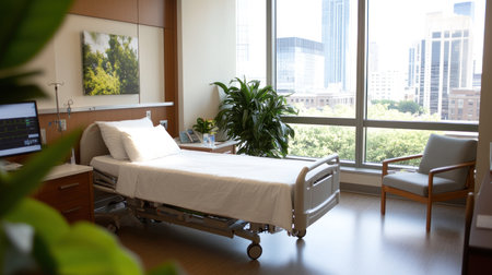 A clean, unoccupied hospital bed with white linens, featuring adjustable rails and wheels, positioned in a contemporary medical facility room.の素材