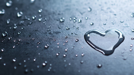 A single heart-shaped water droplet stands out among many smaller drops on a dark, reflective surface, symbolizing love and purity.の素材