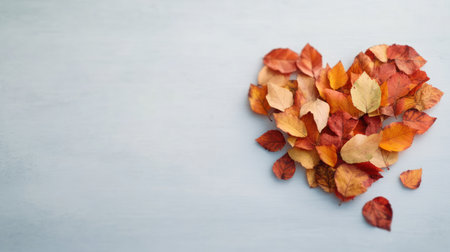 A beautiful heart symbol formed by an arrangement of colorful dried leaves, showcasing the warm hues of fall and representing love and nature's beauty.の素材