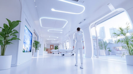 A man dressed in a pristine white suit is captured from behind, walking confidently through a modern, high-tech corridor with glowing light accents.の素材