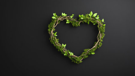 A delicate heart-shaped wreath, meticulously formed from vibrant green leaves and slender twigs, symbolizing love and nature's beauty.の素材