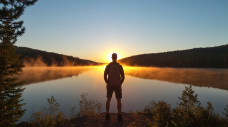 A man stands in silhouette, facing a beautiful sunrise over a calm lake, enjoying the peaceful morning.の素材