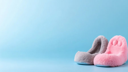 A pair of soft, plush slippers, one in a delicate pink hue and the other in a neutral gray, designed for warmth and relaxation.の素材