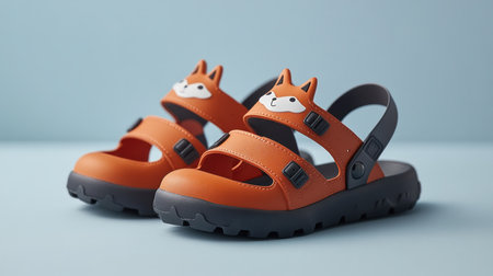 A pair of vibrant orange and black children's sandals featuring an adorable fox face design on the front, perfect for playful kids.の素材