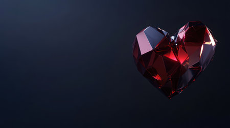 A striking red faceted gem, meticulously cut into a heart shape, showcasing sharp edges and highly reflective surfaces that catch the light.の素材