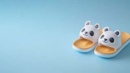 A pair of cute white and yellow panda-themed slippers, designed for children, featuring playful panda faces on the straps.の素材