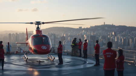 A red helicopter is parked on a helipad, with several crew members in red uniforms standing around it, preparing for departure or arrival.の素材