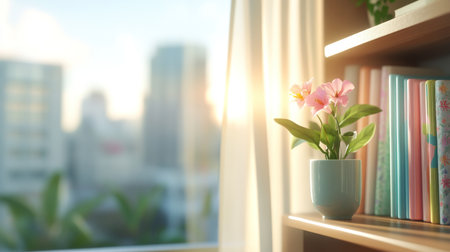 A vibrant pink flower in a small grey pot sits on a light brown wooden shelf, next to a stack of colorful books, creating a cozy and decorative indoor scene.の素材