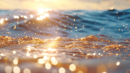 Close-up of shimmering ocean waves with golden sunlight creating a beautiful bokeh effect, capturing the serene and magical essence of a sunset over the water.の素材