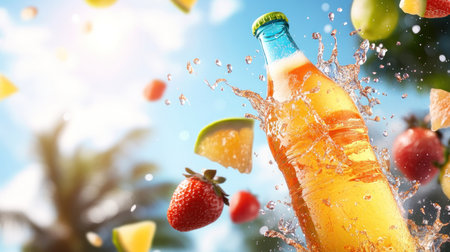 A vibrant bottle of a fruit-infused drink, captured mid-splash, surrounded by fresh strawberries and various citrus fruit slices, creating a dynamic and refreshing scene.の素材