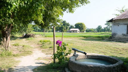 A rustic well featuring a hand pump, filled with water, and adorned with a vibrant pink flower, set against a backdrop of lush greenery and a simple dirt path.の素材