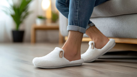 A close-up shot of a person's feet, clad in soft white slippers, resting on a wooden floor, conveying comfort and relaxation in a home setting.の素材