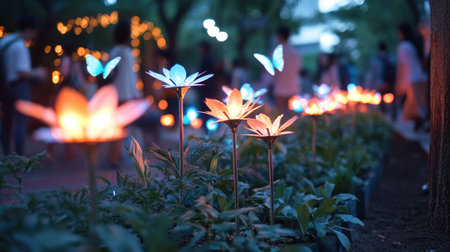 Close-up of luminous artificial flowers and glowing butterfly decorations, creating a magical and enchanting atmosphere in a garden at night.の素材