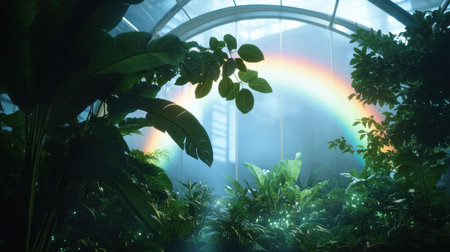 Close-up of lush green leaves and plants thriving in a botanical garden, with a beautiful rainbow arching through the mist, creating a serene and vibrant atmosphere.の素材