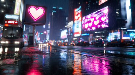 A prominent neon heart sign illuminates a bustling city street, reflecting its vivid glow on the wet pavement, surrounded by other colorful advertisements and the movement of urban life.の素材