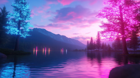 A captivating scene of a tranquil lake reflecting the vivid neon glow of trees under a dramatic twilight sky, creating a surreal and colorful landscape.の素材