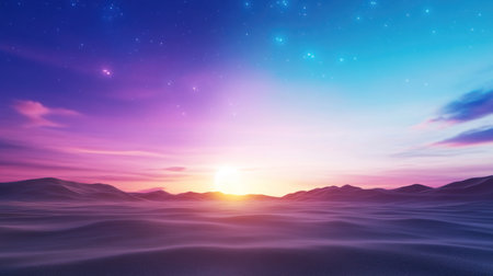 A breathtaking desert scene at sunrise, featuring a vivid sky with hues of purple, pink, and blue, casting a warm glow over the undulating sand dunes and silhouetted mountains in the distance.の素材