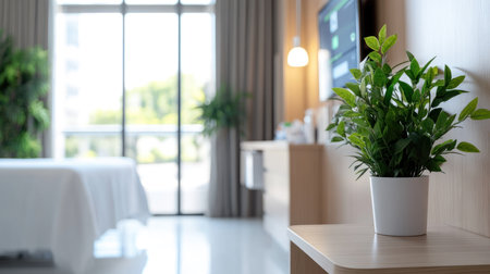 A small, lush green plant in a white pot sits on a light wooden surface, providing a fresh and natural accent.の素材