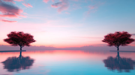 Two trees with rich red foliage are perfectly reflected in calm, still water, creating a symmetrical and peaceful scene.の素材