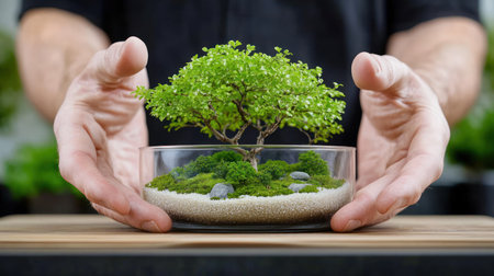 A close-up view of a person's hands carefully cradling a miniature bonsai tree, showcasing its delicate leaves and the serene arrangement within a clear glass container.の素材