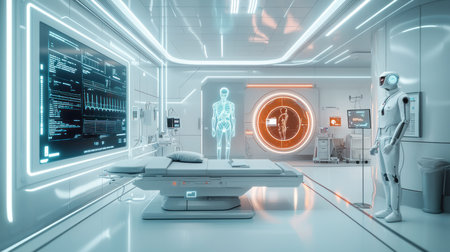A cutting-edge medical facility featuring a central examination table, large holographic displays showing patient data, and a humanoid robot assistant, all illuminated by neon lights.の素材