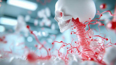 A close-up view of a human skull with a complex network of red blood vessels and arteries extending from the neck, illustrating the circulatory system.の素材