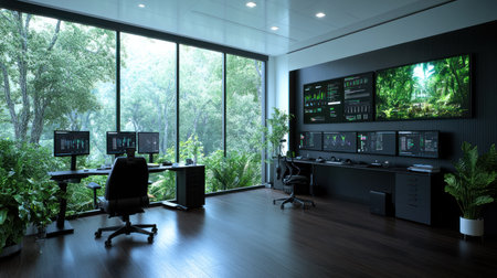 A contemporary office space featuring several computer workstations, large windows overlooking a vibrant green forest, and a sleek, professional design.の素材