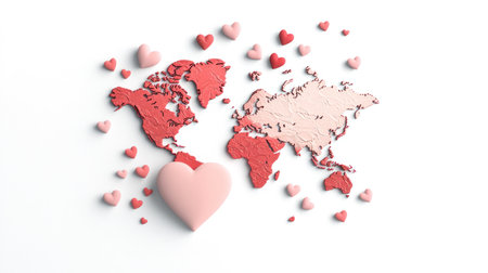 A vibrant world map adorned with numerous hearts, representing universal love, unity, and interconnectedness across continents.の素材