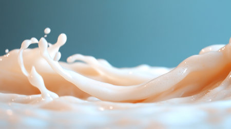 A close-up shot captures the energetic splash of a creamy, light brown liquid, forming an intricate wave with droplets suspended in motion, showcasing its texture and fluidity.の素材
