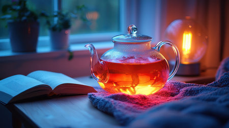 A clear glass teapot with a lid, filled with a warm, amber-colored liquid, resting on a soft, textured blue cloth.の素材