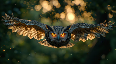 A great horned owl flies directly forward, its wings spread wide. It has intense, glowing orange eyes, detailed brown and black barred feathers, and a focused expression.の素材