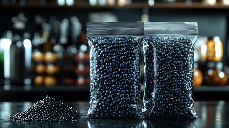 Two clear ziplock bags are filled with small, dark black beans, with a pile of the same beans to the left.の素材